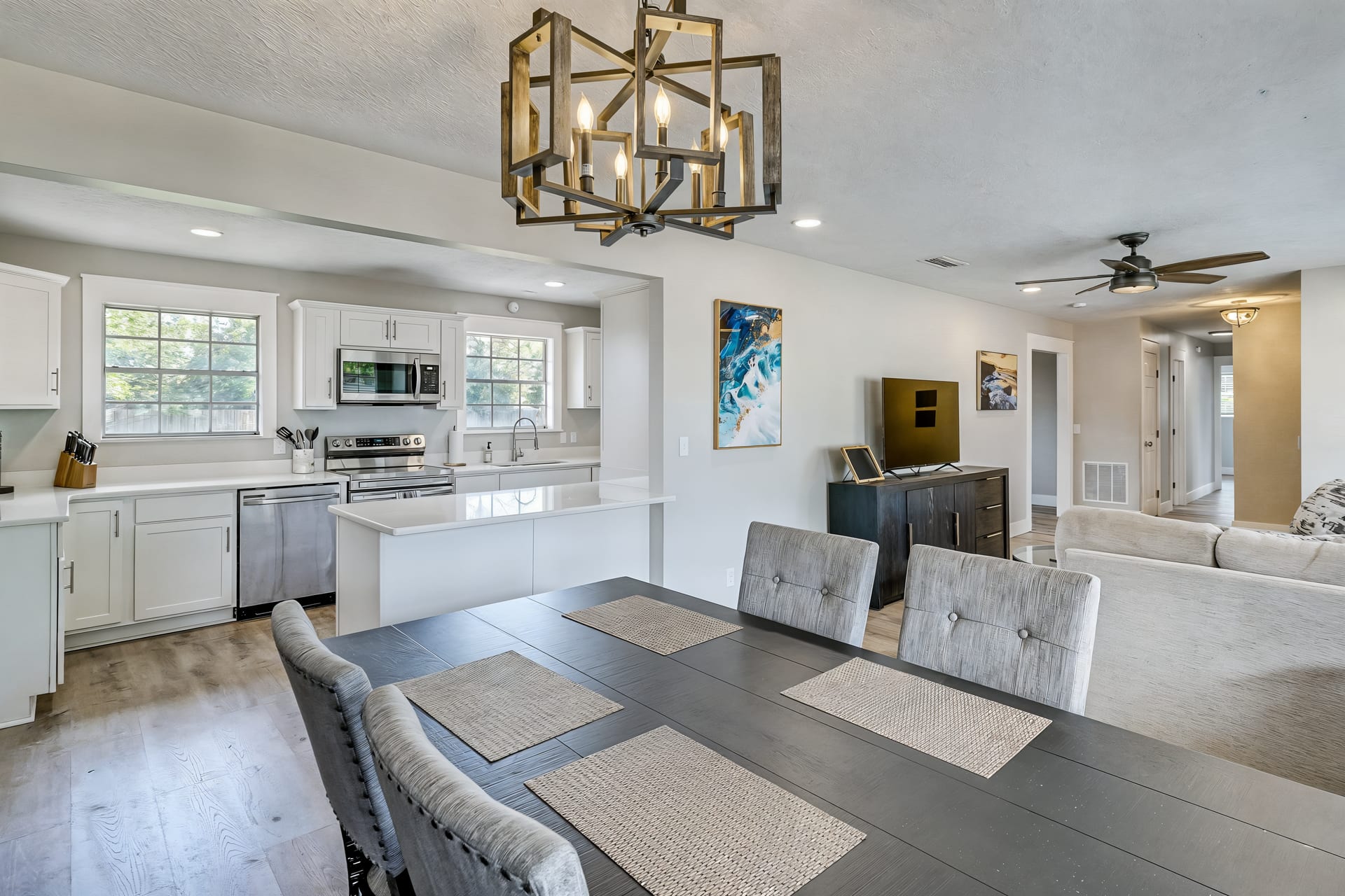 Updated kitchen open to the dining area